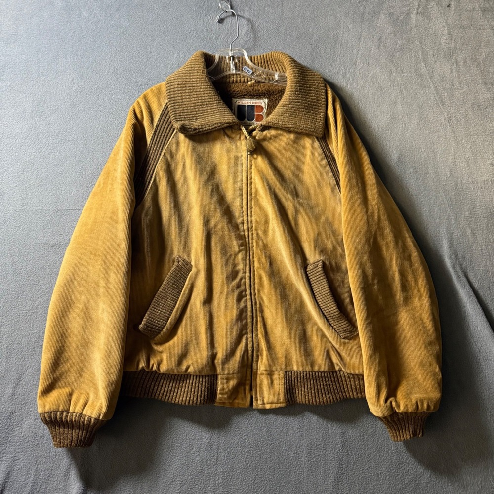 Vintage William Barry Corduroy Bomber Jacket Mustard Tan Faux Fur Lined 40
